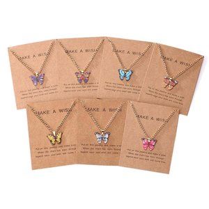 Make A Wish Card Necklace Colorful Butterfly Pendant Jewelry For Women Girls